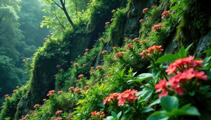 Naklejka premium Lush ferns and flowers cascading down the rocky slope, vines, natural