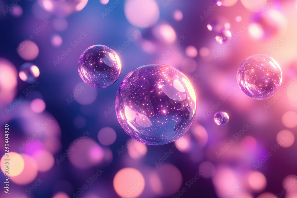 Poster Glowing purple spheres float in a dreamy, bokeh-filled space, creating a magical, ethereal atmosphere.
