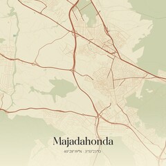 Retro Spanish map of Majadahonda, Comunidad de Madrid. Vintage street map.