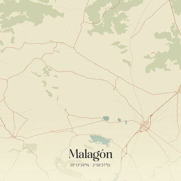 Retro Spanish map of Malag�n, Castilla-La Mancha. Vintage street map.