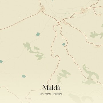 Retro Spanish map of Mald�, Catalu�a. Vintage street map.