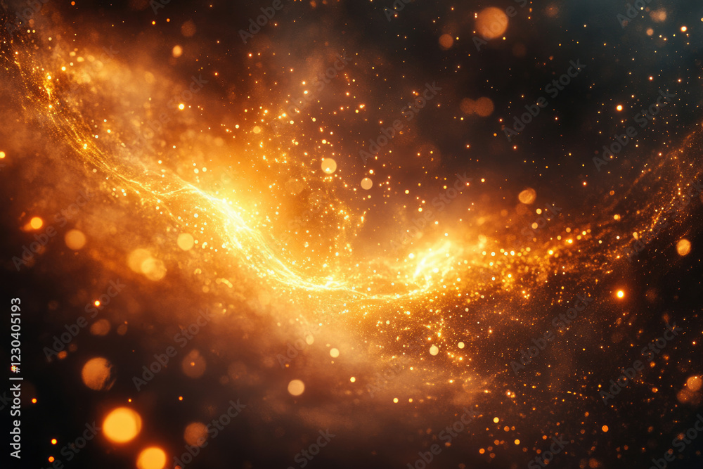 Poster abstract cosmic artwork depicting a golden energy wave with sparkling particles on a dark background