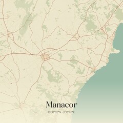 Retro Spanish map of Manacor, Islas Baleares. Vintage street map.