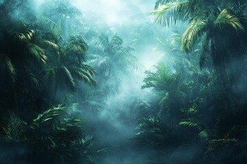 Obraz premium Lush, Foggy Tropical Rainforest Scene.