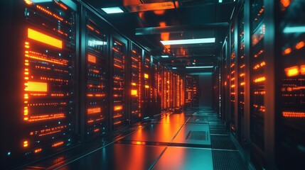 Data centers filled with rows and rows of servers as blinking light indicate constant processing, high detail, cinematic angle composition. Data center background. High quality photo