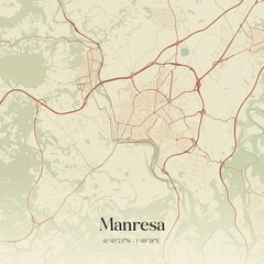 Retro Spanish map of Manresa, Catalu�a. Vintage street map.