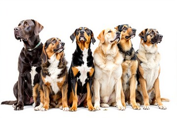 Group of adorable dogs sitting together on a white background.