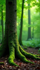 Obraz premium Roots and trunk of deciduous tree covered with moss, forest floor plants, tree roots, natural world