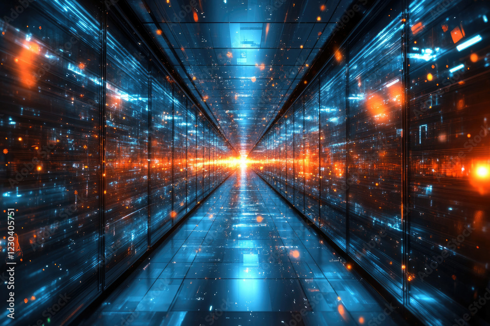 Poster A futuristic digital corridor showcasing vibrant data streams and glowing pathways, representing the vastness of cyberspace.