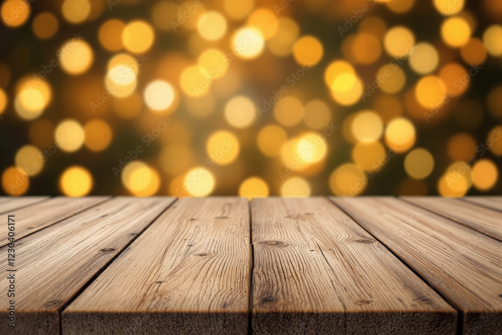 Poster wooden table surface with golden bokeh lights in the background.
