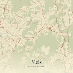 Retro Spanish map of Meis, Galicia. Vintage street map.