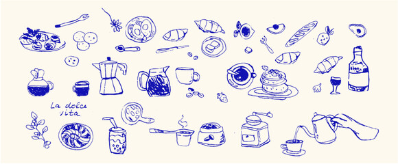 Naklejka premium La dolce vita coffee and breakfast elements for design projects. Doodle illustration.