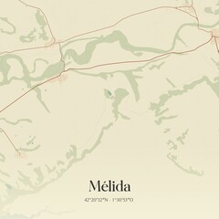 Retro Spanish map of M�lida, Comunidad Foral de Navarra. Vintage street map.