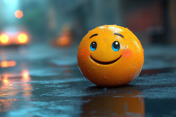 Happy Emoticon Sitting In Rainy City Street