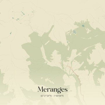 Retro Spanish map of Meranges, Catalu�a. Vintage street map.