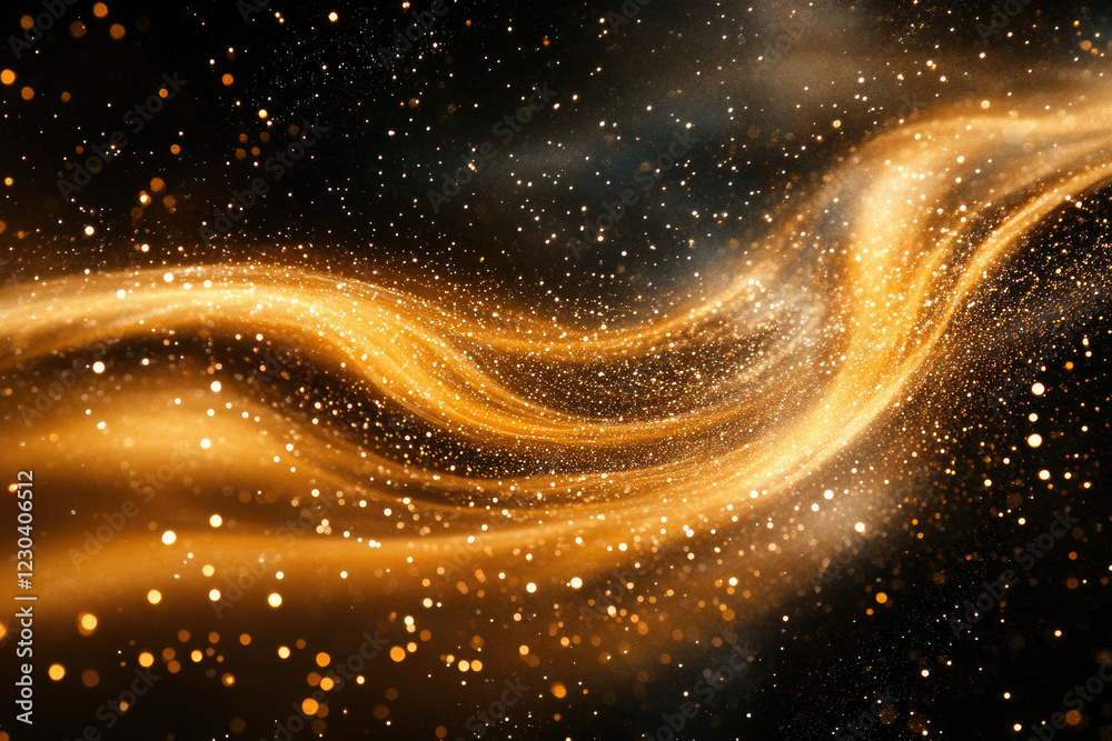 Poster golden glittering wave, sparkling particles on transparent background. abstract luxury cosmic design