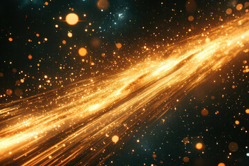 Fototapeta premium Golden cosmic rays streak across a dark, starlit expanse, creating a vibrant, energetic scene.