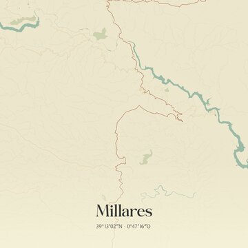 Retro Spanish map of Millares, Comunidad Valenciana. Vintage street map.