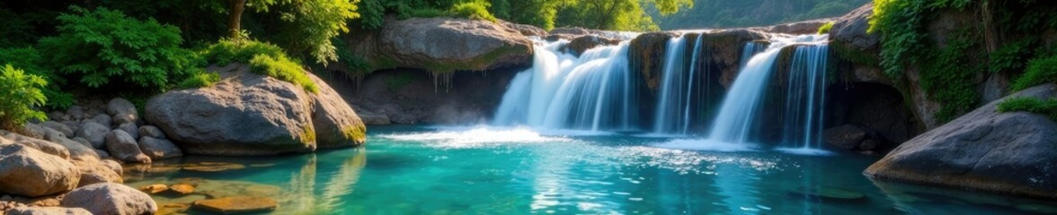 Fototapeta premium Shimmering waterfalls cascade into a crystal-clear pool, stillness, serene