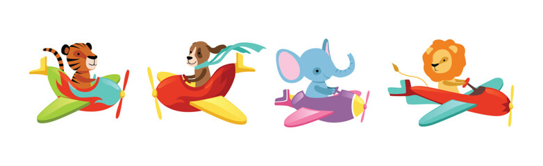 Cute Animal Fly Plane and Aircraft Vector Set
