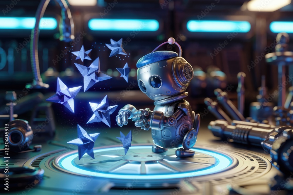 Poster a cute robot in a futuristic lab manipulates glowing blue star-shaped objects.