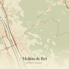 Retro Spanish map of Molins de Rei, Catalu�a. Vintage street map.