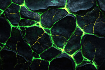 Dark, cracked stone texture with vibrant green glowing veins, resembling a mystical or alien landscape.