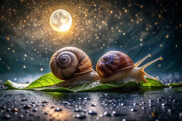 Romantic Night Snail Photography: Close-up of Two Snails on a Dew-Covered Leaf