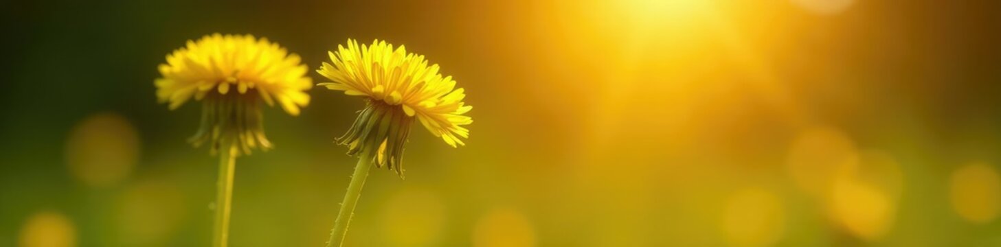 Single bright yellow dandelion flower in warm sunlight, nature, dandelion, spring