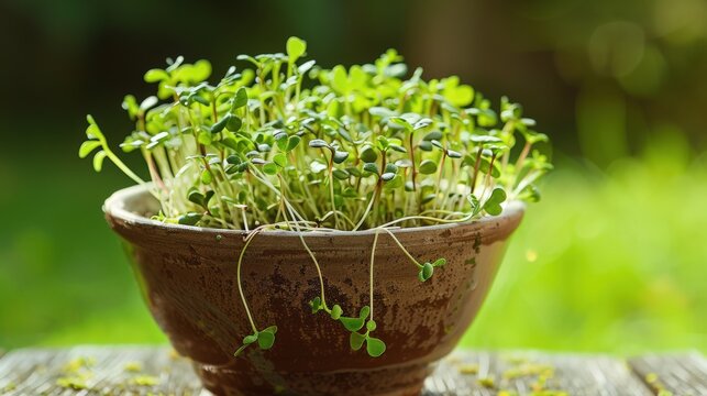 Bowl of Vibrant Tomato Soup Garnished With Fresh Microgreens on a Rustic Wooden Table