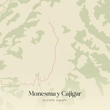 Retro Spanish map of Monesma y Cajigar, Arag�n. Vintage street map.