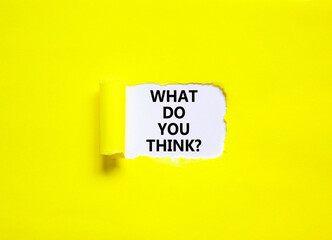 What do you think symbol. Concept words What do you think on beautiful white paper. Beautiful yellow background. Business and What do you think concept. Copy space.