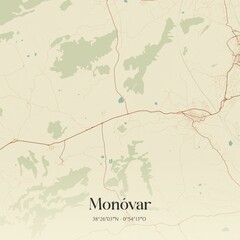 Retro Spanish map of Mon�var, Comunidad Valenciana. Vintage street map.