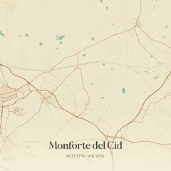 Retro Spanish map of Monforte del Cid, Comunidad Valenciana. Vintage street map.