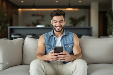 Obraz premium Smiling man using smartphone sitting on sofa in a modern home interior.