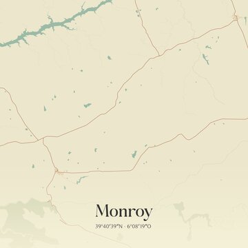 Retro Spanish map of Monroy, Extremadura. Vintage street map.