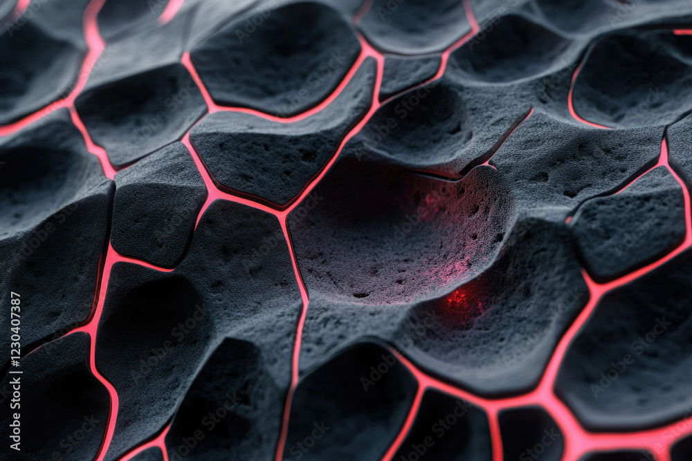 Poster abstract 3d render of a dark, textured surface with glowing red lines creating a cracked, honeycomb 