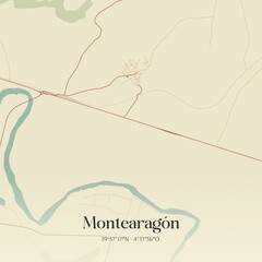 Retro Spanish map of Montearag�n, Castilla-La Mancha. Vintage street map.