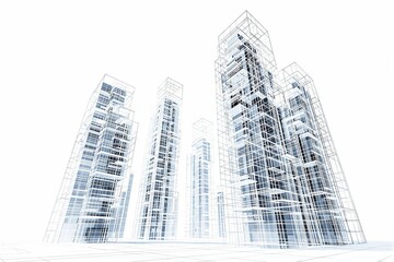Fototapeta premium Abstract skyscraper wireframe design, modern architectural concept, white background.