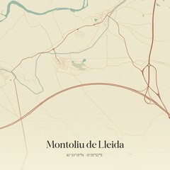 Retro Spanish map of Montoliu de Lleida, Catalu�a. Vintage street map.