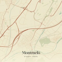 Retro Spanish map of Montmel�, Catalu�a. Vintage street map.
