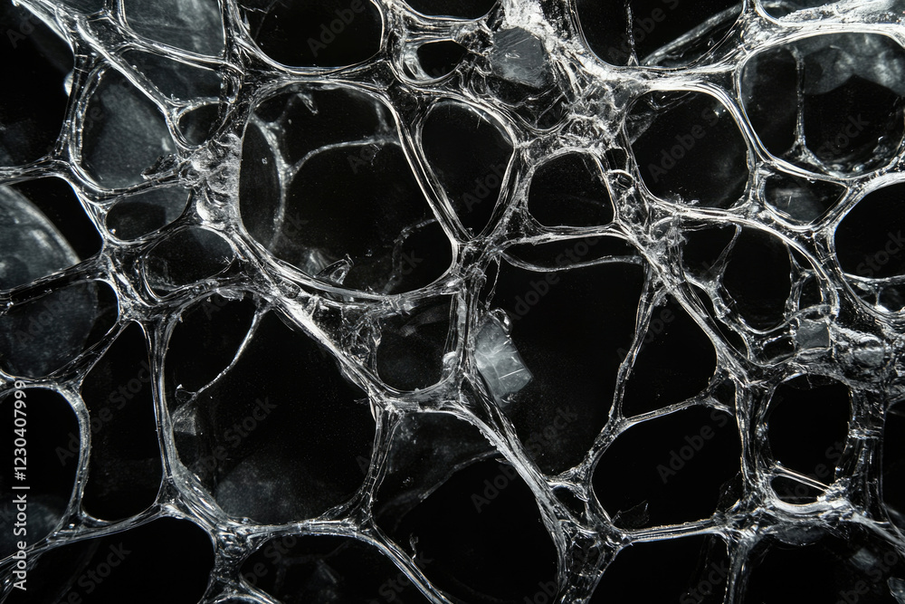Poster Intricate web-like structure, possibly a close-up of a translucent material with a complex network of interconnected strands.