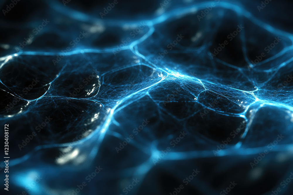 Poster abstract blue glowing network, intricate web-like structure, digital art.