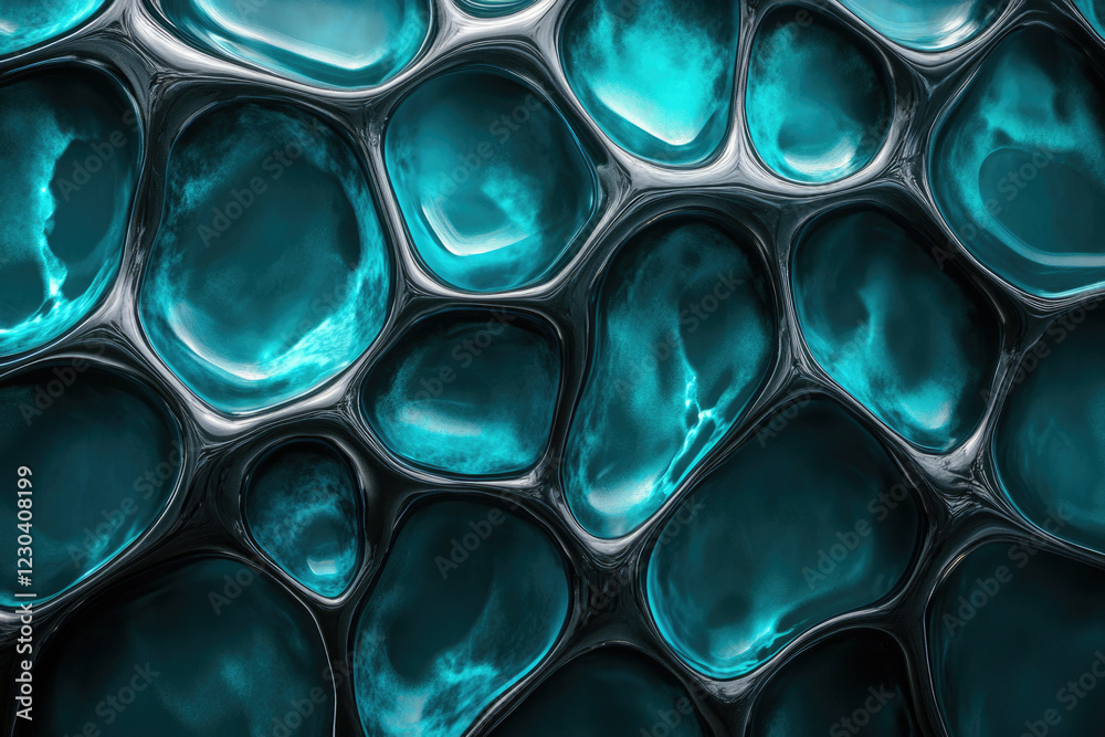 Poster Abstract image of interconnected teal, glossy, organic shapes resembling a cellular structure or network.