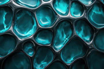 Abstract image of interconnected teal, glossy, organic shapes resembling a cellular structure or network.