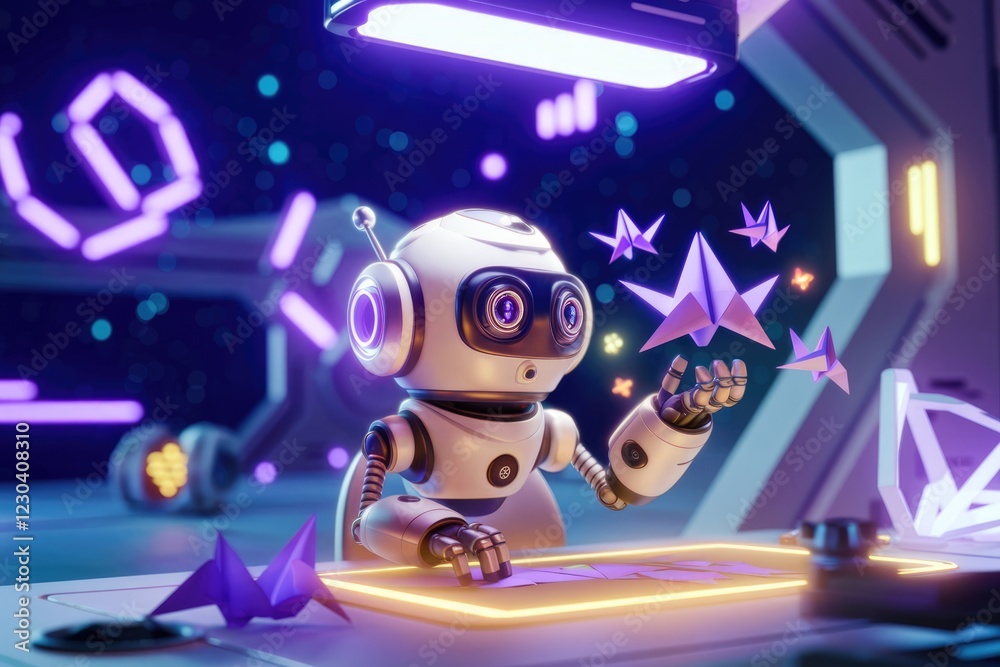 Poster a cute robot in a futuristic setting creates origami, showcasing creativity and technological advanc