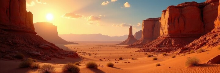 Naklejka premium Sunlit desert landscape featuring hanging rock formations, arid landscape, warm light