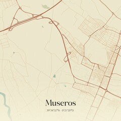 Retro Spanish map of Museros, Comunidad Valenciana. Vintage street map.