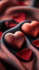 Obraz premium Valentine background with two red hearts on silk