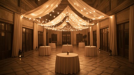 Elegant indoor event space with draped fabric, string lights, and small round tables.